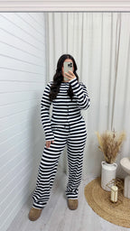 Stripe Knit Cardigan and Straight Leg Joggers Co-Ord - NAVY/WHITE