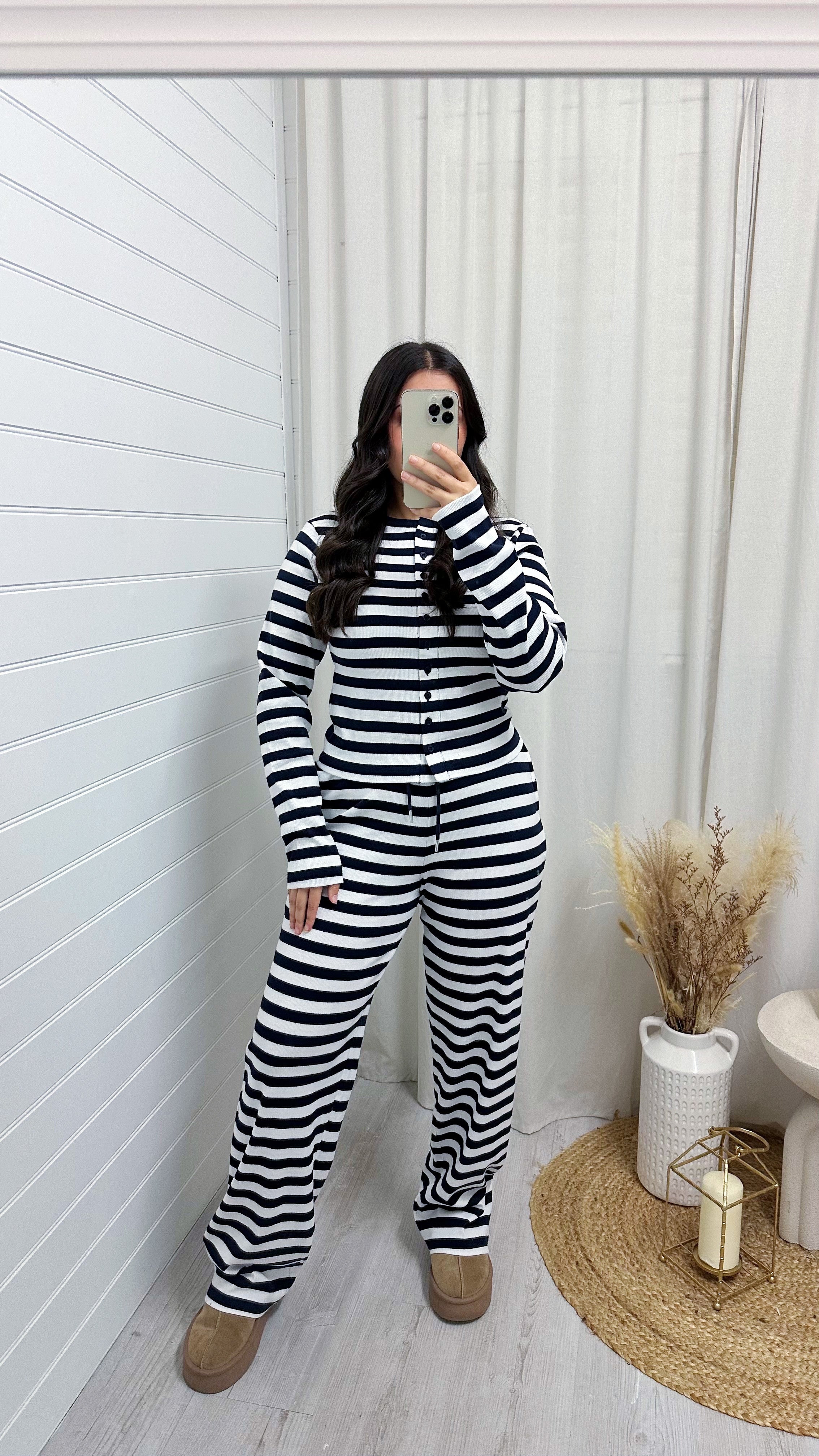 Stripe Knit Cardigan and Straight Leg Joggers Co-Ord - NAVY/WHITE