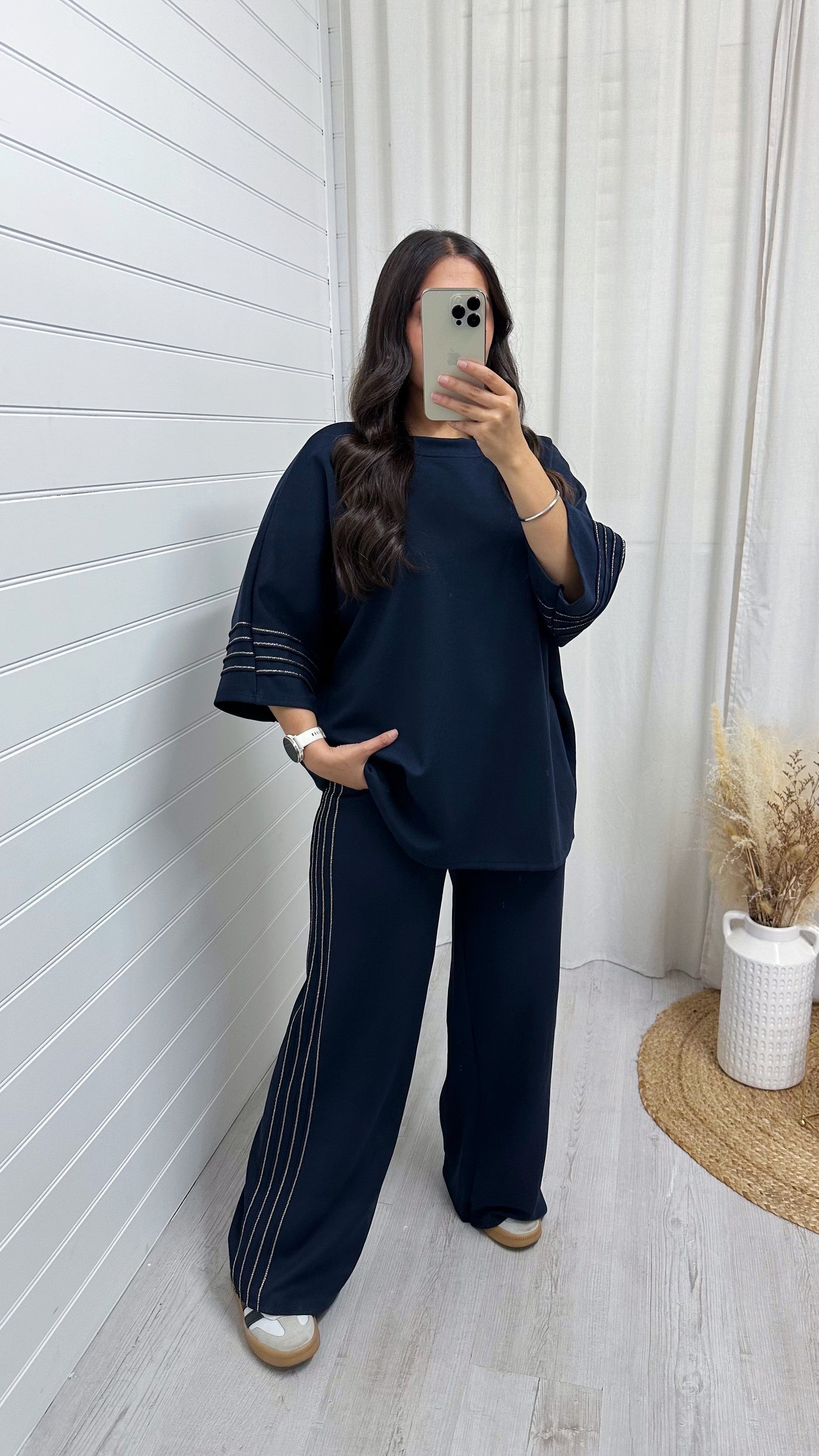 Gold Stripe Oversized Top and Wide Leg Trousers Co-Ord - NAVY