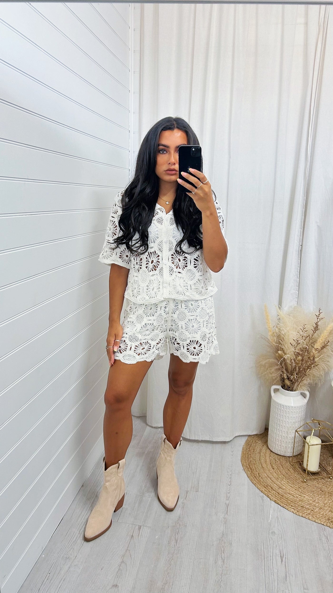 Diamante Crochet Cardigan and Shorts Co-Ord - WHITE