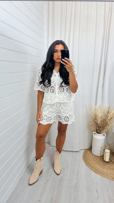 Diamante Crochet Cardigan and Shorts Co-Ord - WHITE