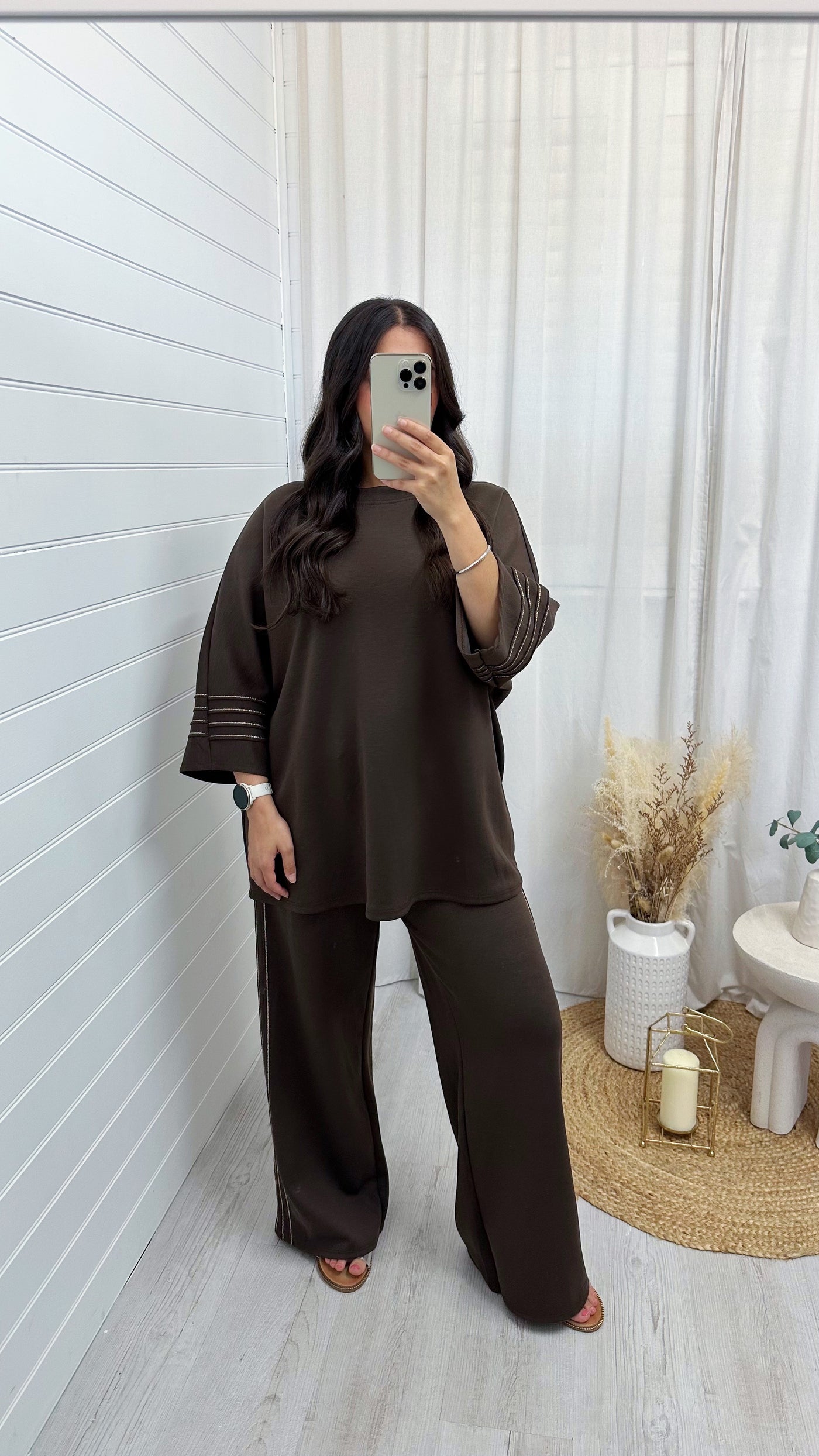 Gold Stripe Oversized Top and Wide Leg Trousers Co-Ord - BROWN