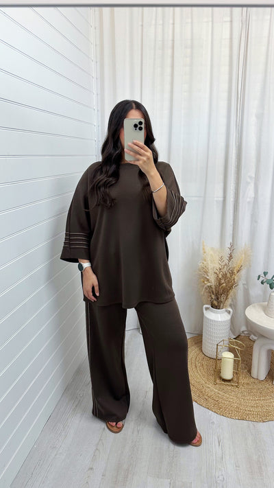 Gold Stripe Oversized Top and Wide Leg Trousers Co-Ord - BROWN