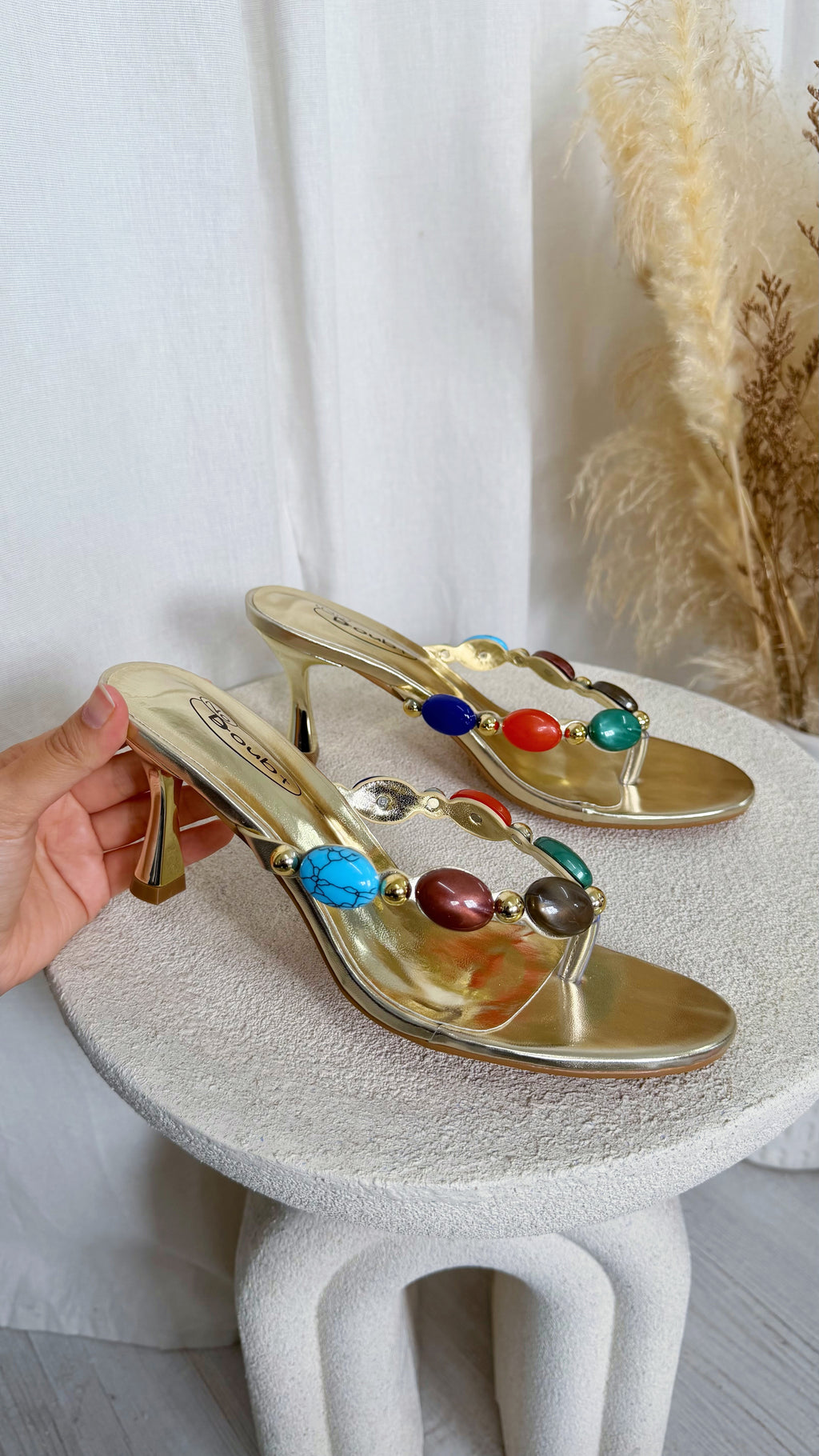 Gem Stone Heeled Sandals - GOLD