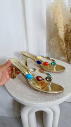 Gem Stone Heeled Sandals - GOLD
