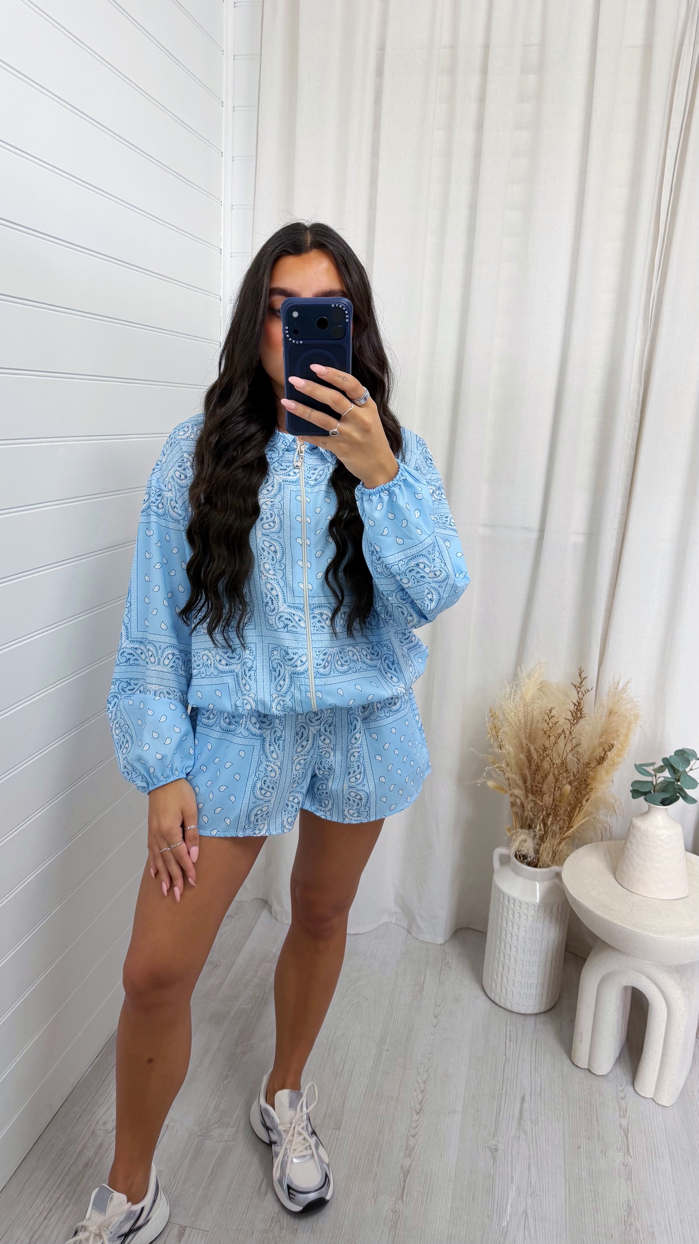Bandana Print Satin Bomber Jacket and Shorts Co-Ord - BABY BLUE