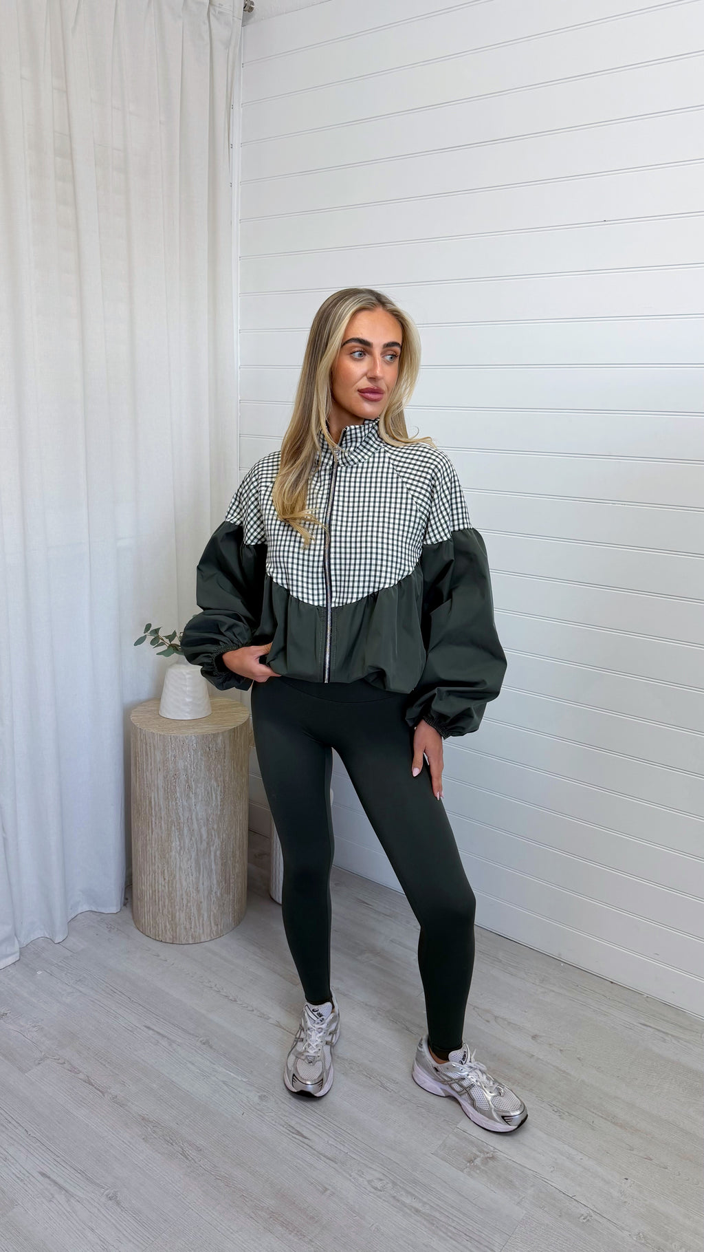 Gingham Puff Ball Jacket - KHAKI