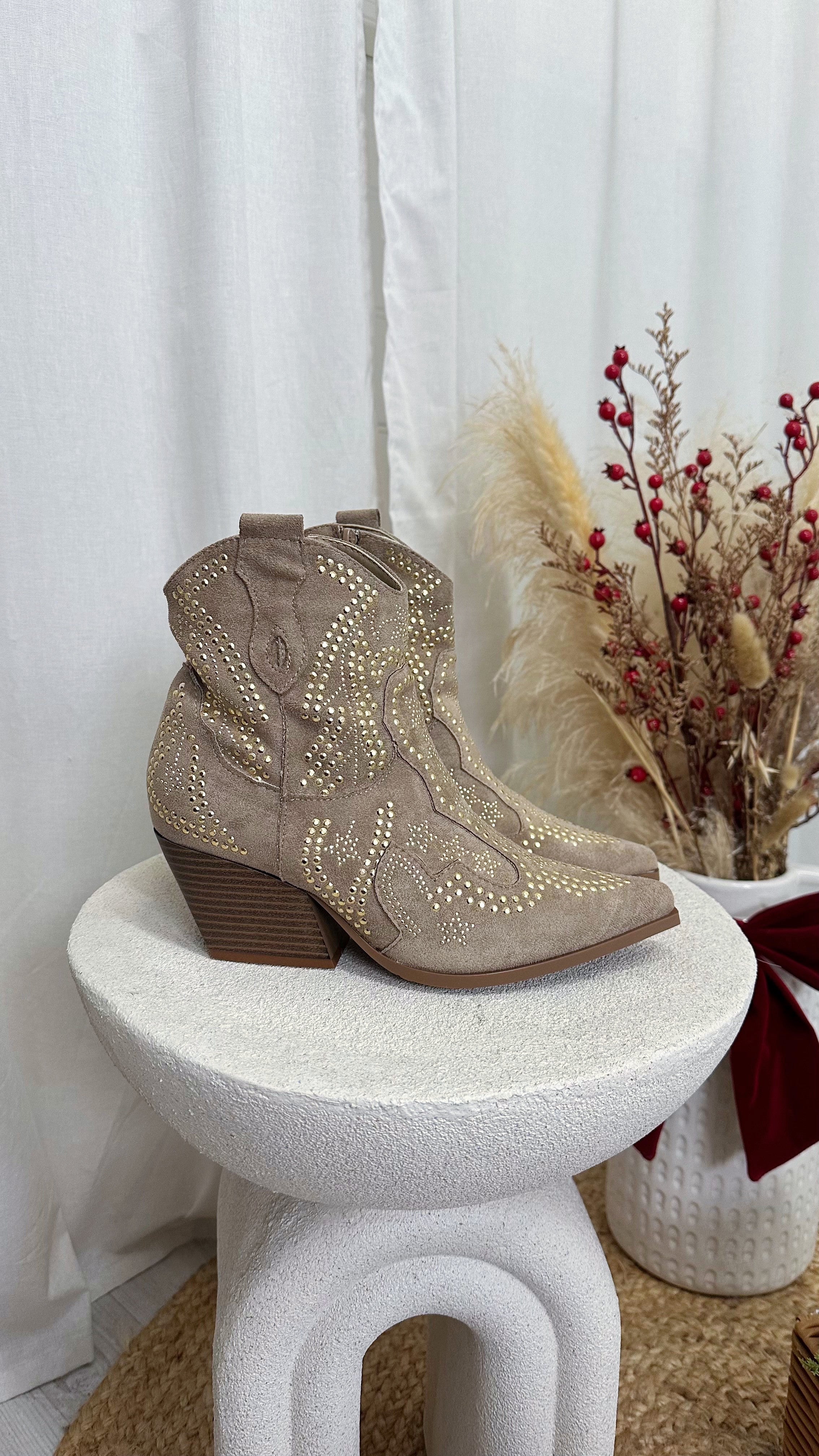 Gold Stud Cowboy Ankle Boots - TAUPE
