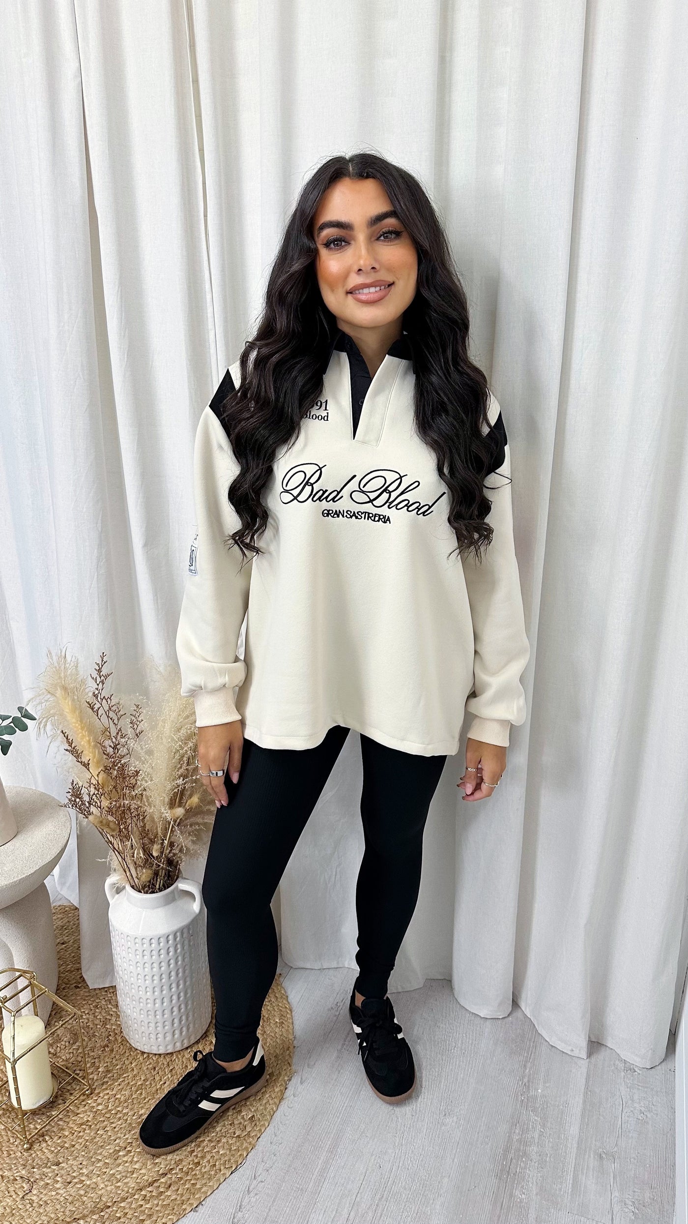 'Bad Blood' Embroidered Slogan Collared Sweatshirt - CREAM