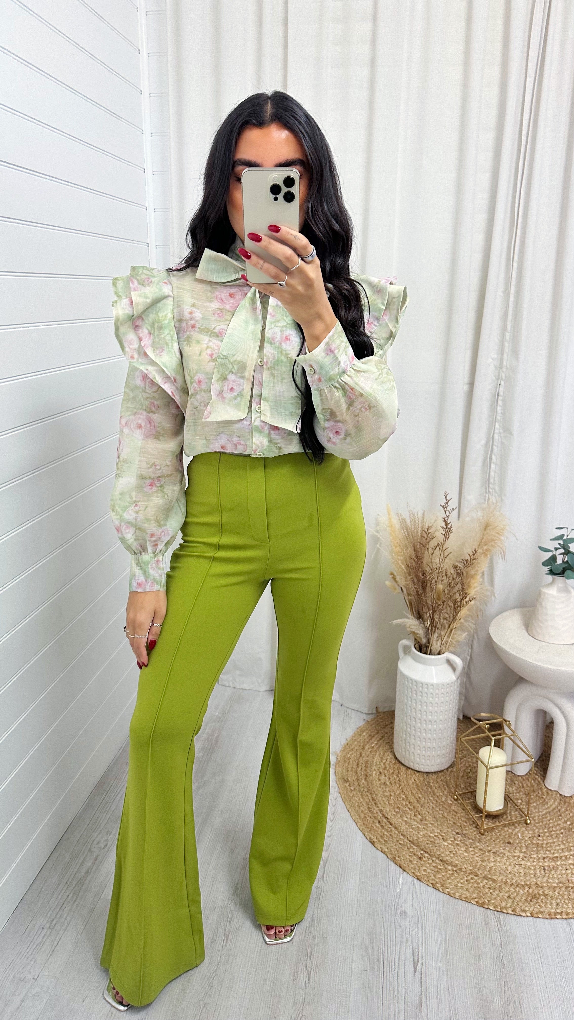 Seam Front Flared Slim Fit Trousers - OLIVE