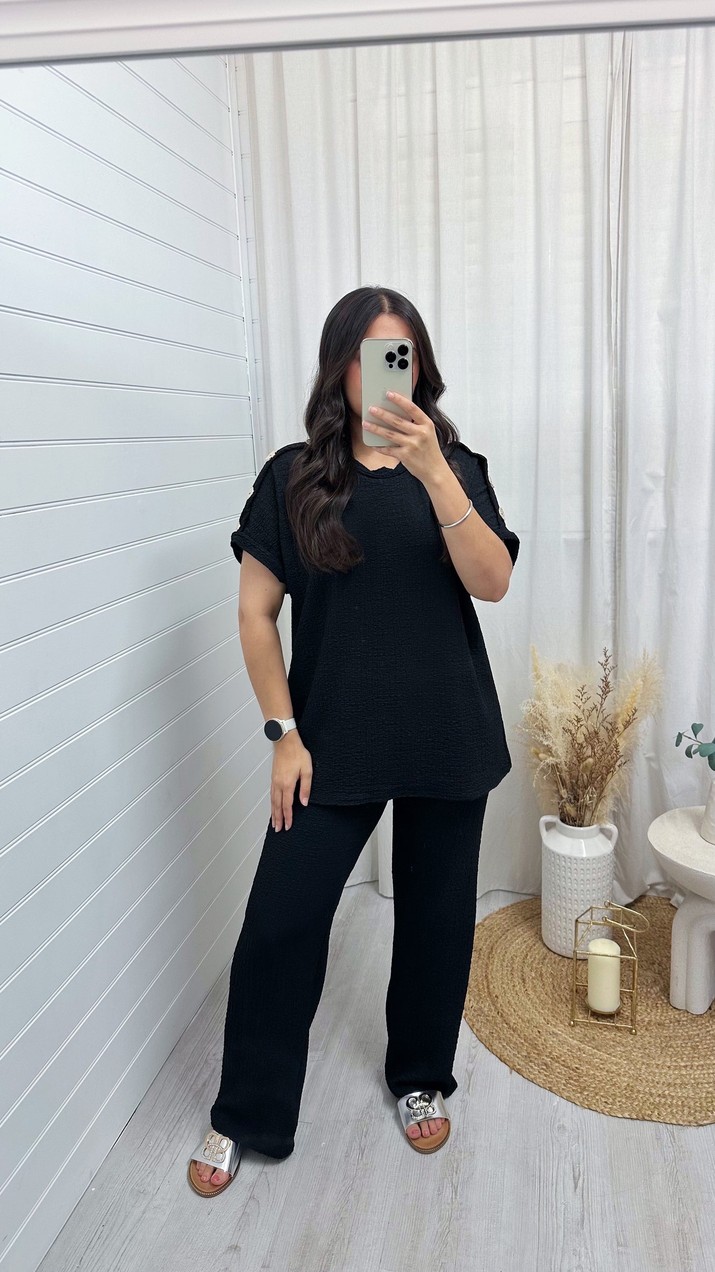 Cheesecloth Gold Button T-Shirt and Trousers Co-Ord - BLACK