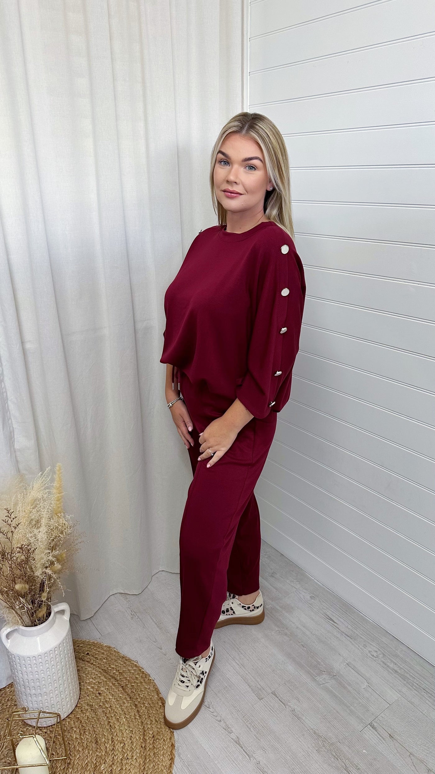 Button Shoulder Top and Barrel Fit Joggers Co-Ord - WINE