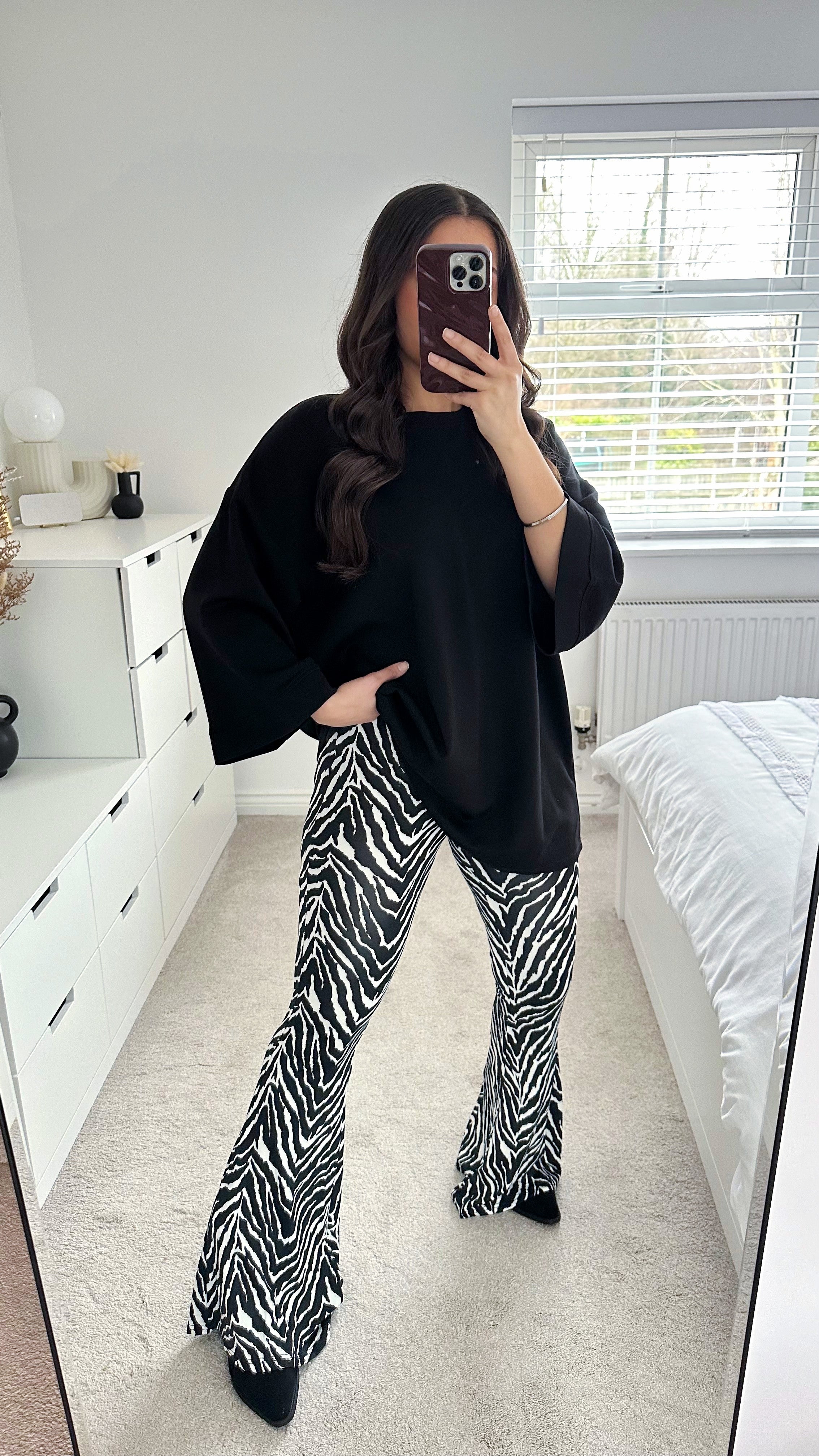 Zebra Print High Waisted Slim Fit Flare Trousers - BLACK AND WHITE
