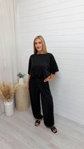 Gathered T-Shirt and Balloon Trousers Co-Ord - BLACK