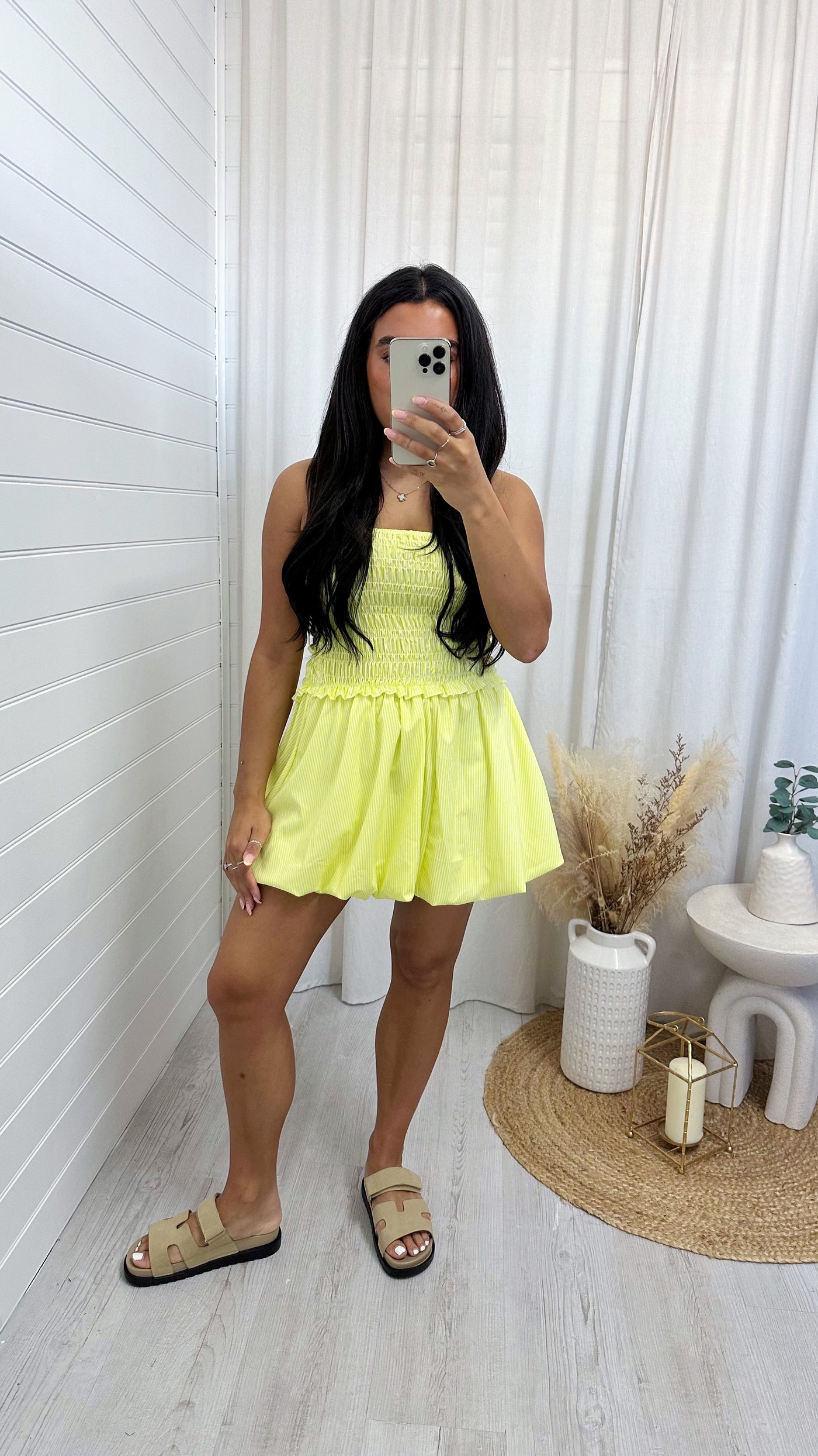Pinstripe Puff Ball Shirred Dress - LEMON