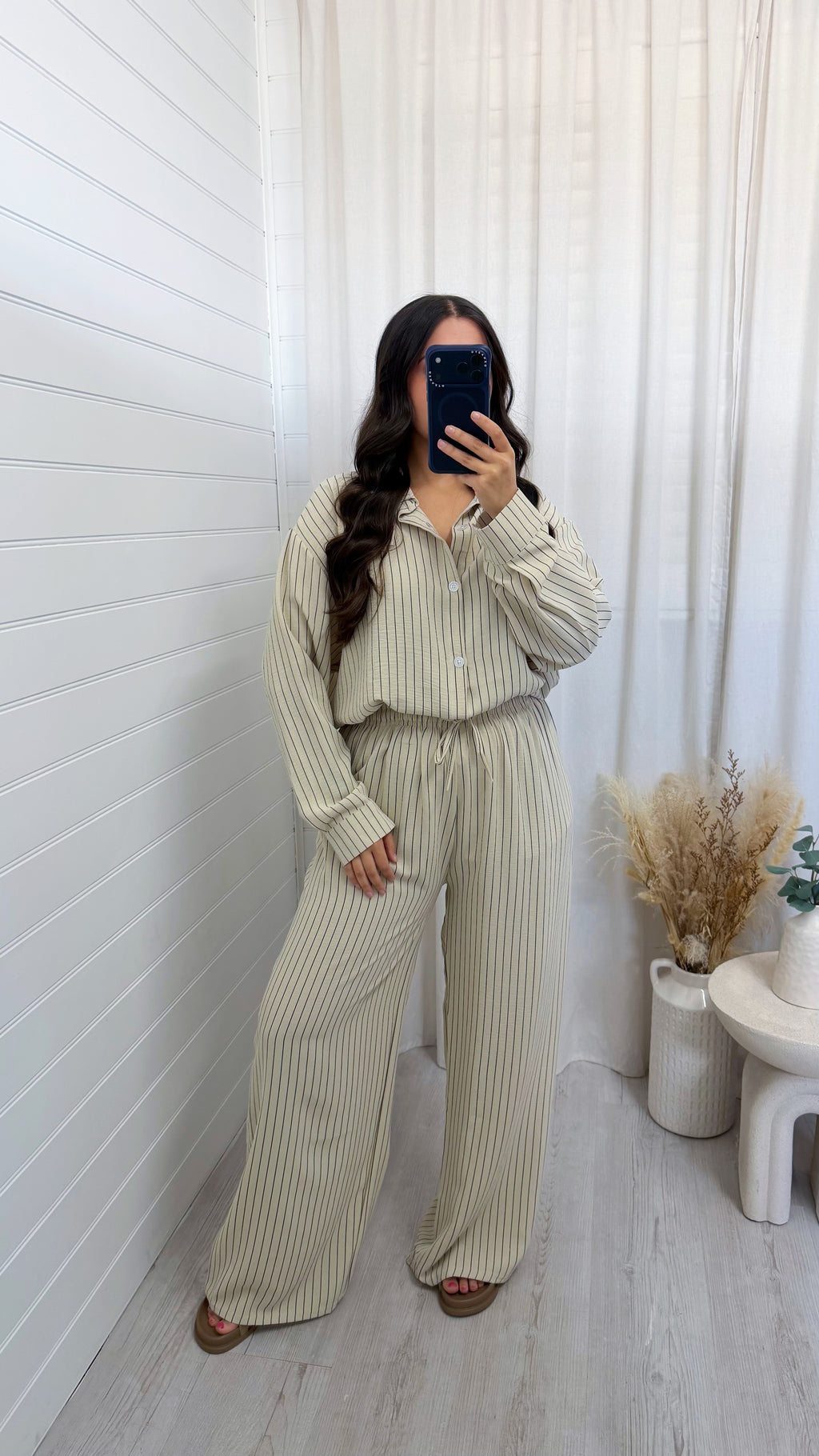 Oversized Pinstripe Shirt and Trousers Co-Ord - BEIGE