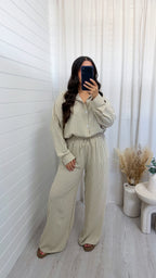 Oversized Pinstripe Shirt and Trousers Co-Ord - BEIGE