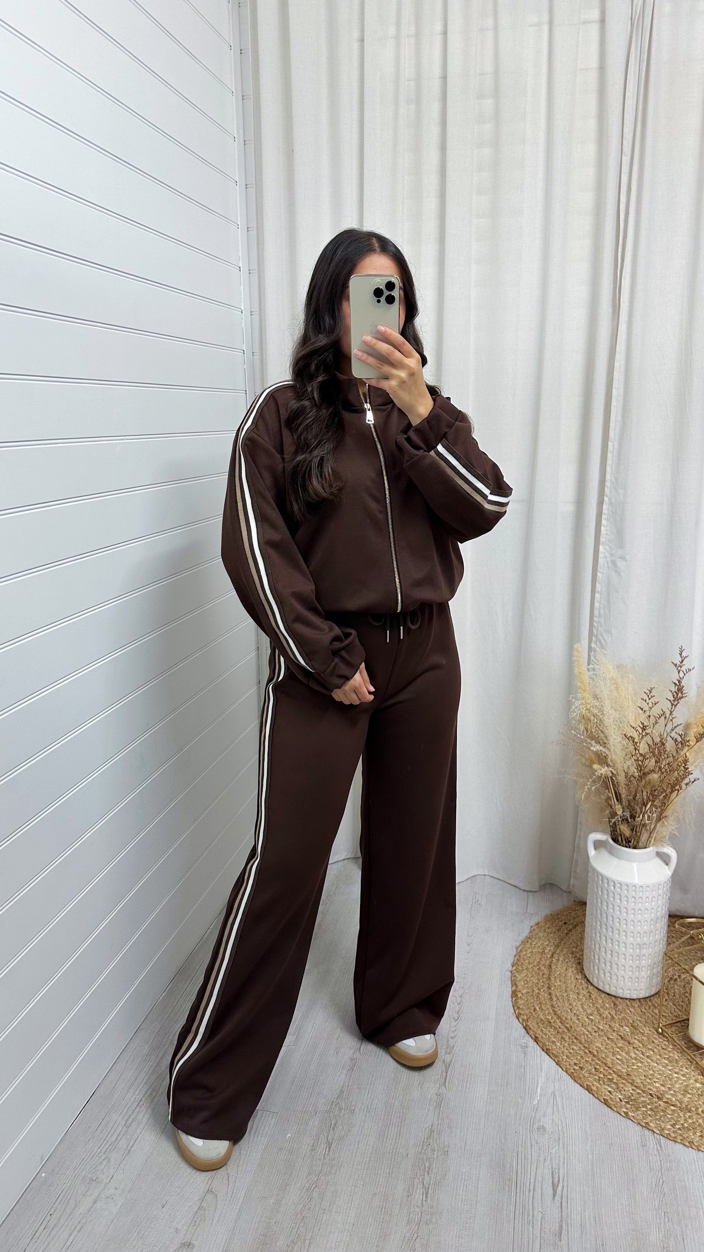 Side Stripe Bomber Jacket and Wide Leg Joggers Co-Ord - BROWN