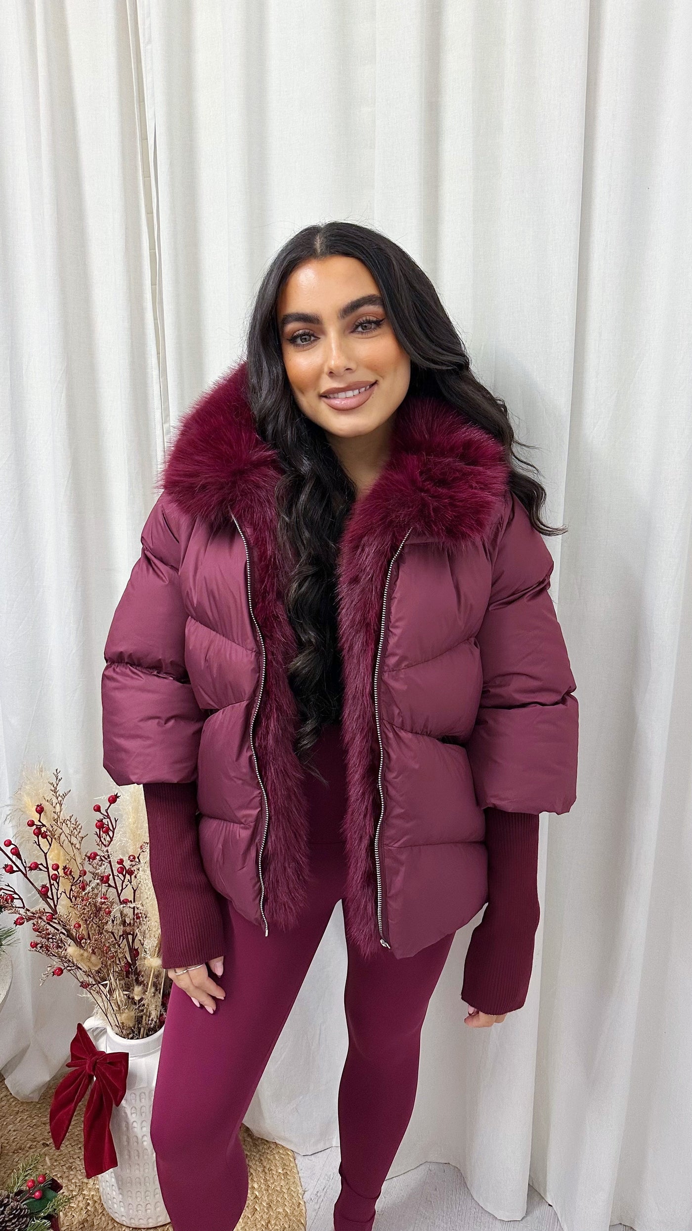 Fur Trim Hooded Puffer Coat - BURGUNDY