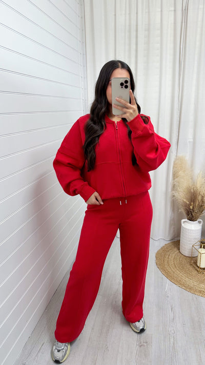 Bomber Jacket and Seam Front Joggers Tracksuit - RED