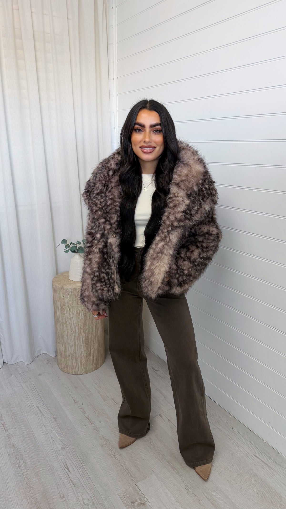 Fluffy Faux Fur Deer Print Coat - TAUPE