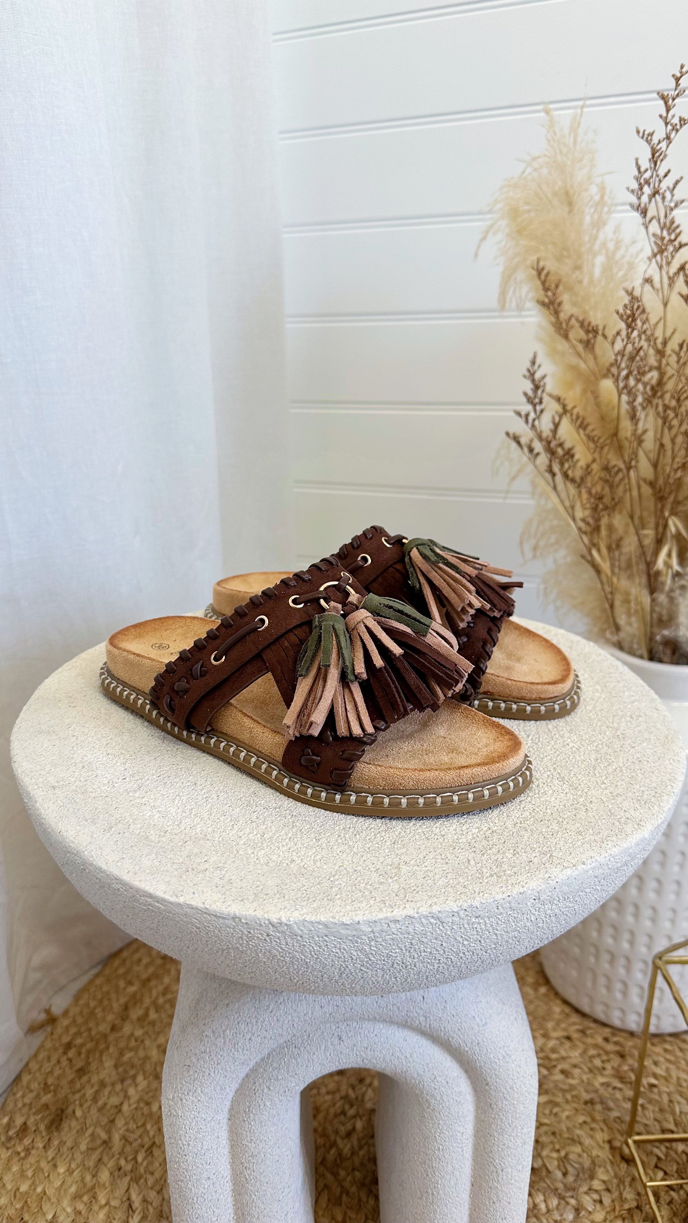 Boho Tassel Sliders - BROWN