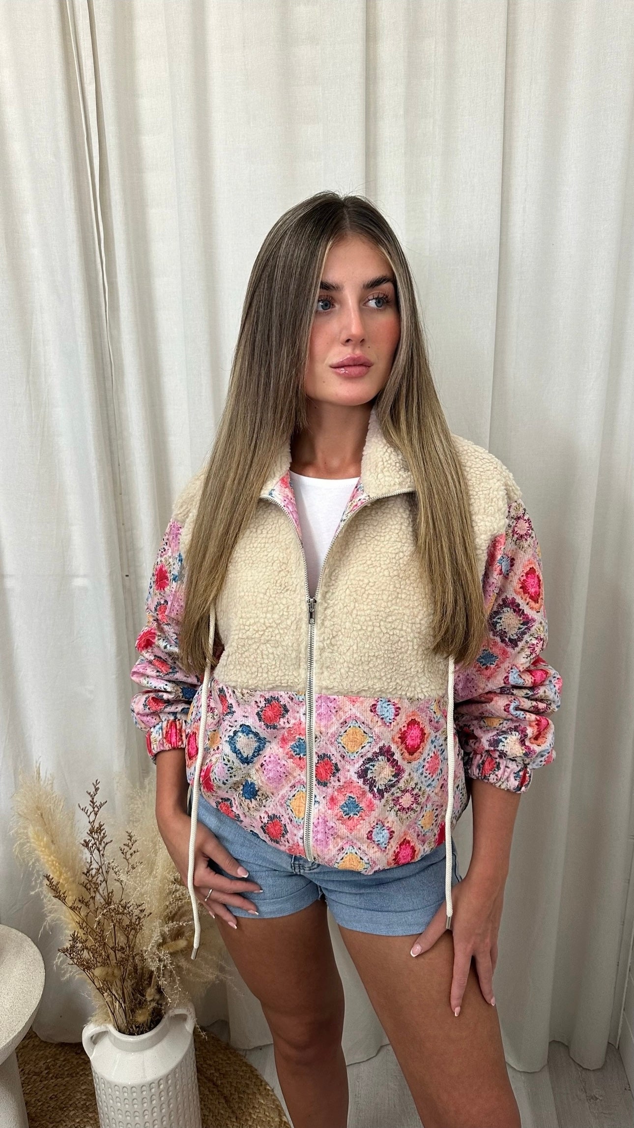 Moroccan Print Teddy Fur Bomber Jacket - PINK