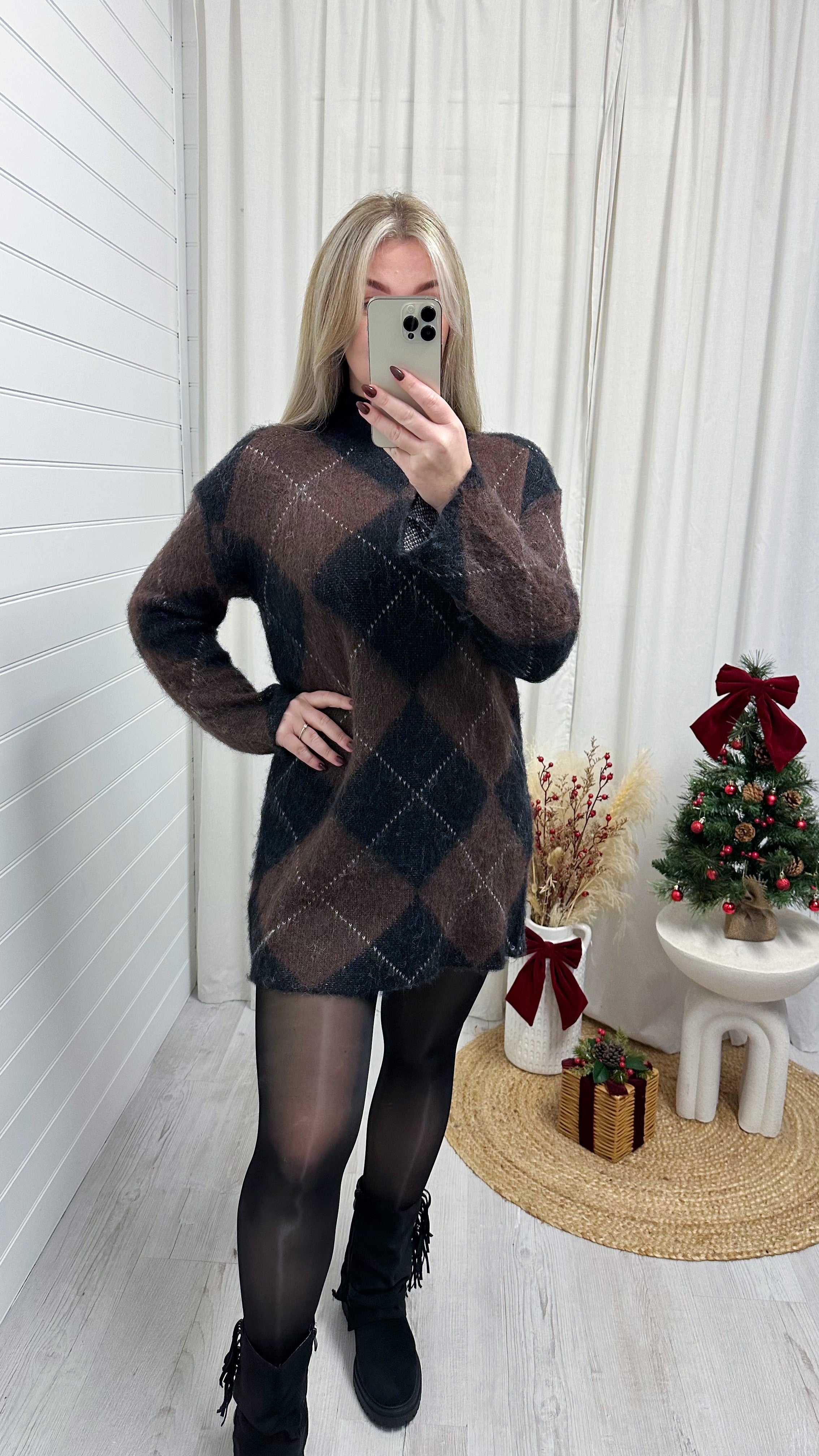 Argyle Woollen Jumper Dress - BLACK/BROWN