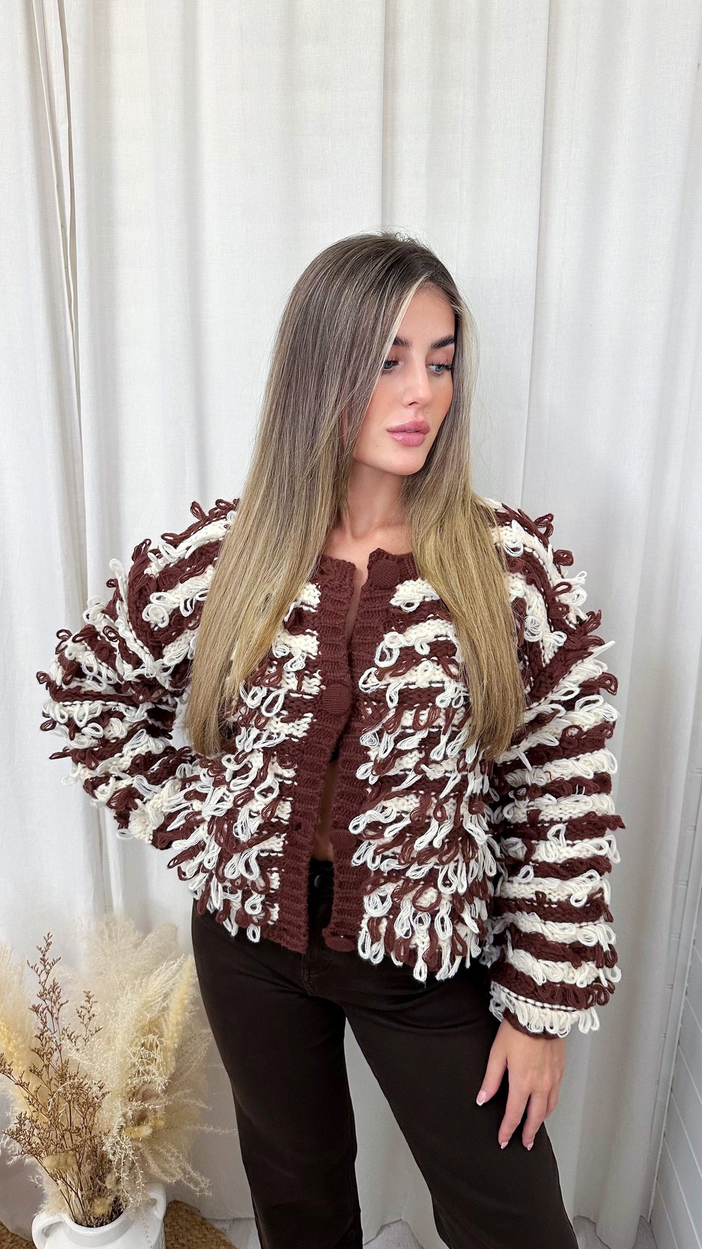 Loop Tassel Chunky Knitted Stripe Cardigan - BROWN