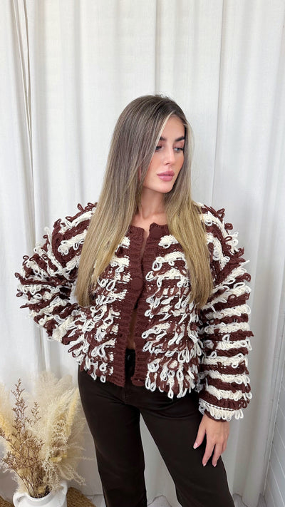 Loop Tassel Chunky Knitted Stripe Cardigan - BROWN