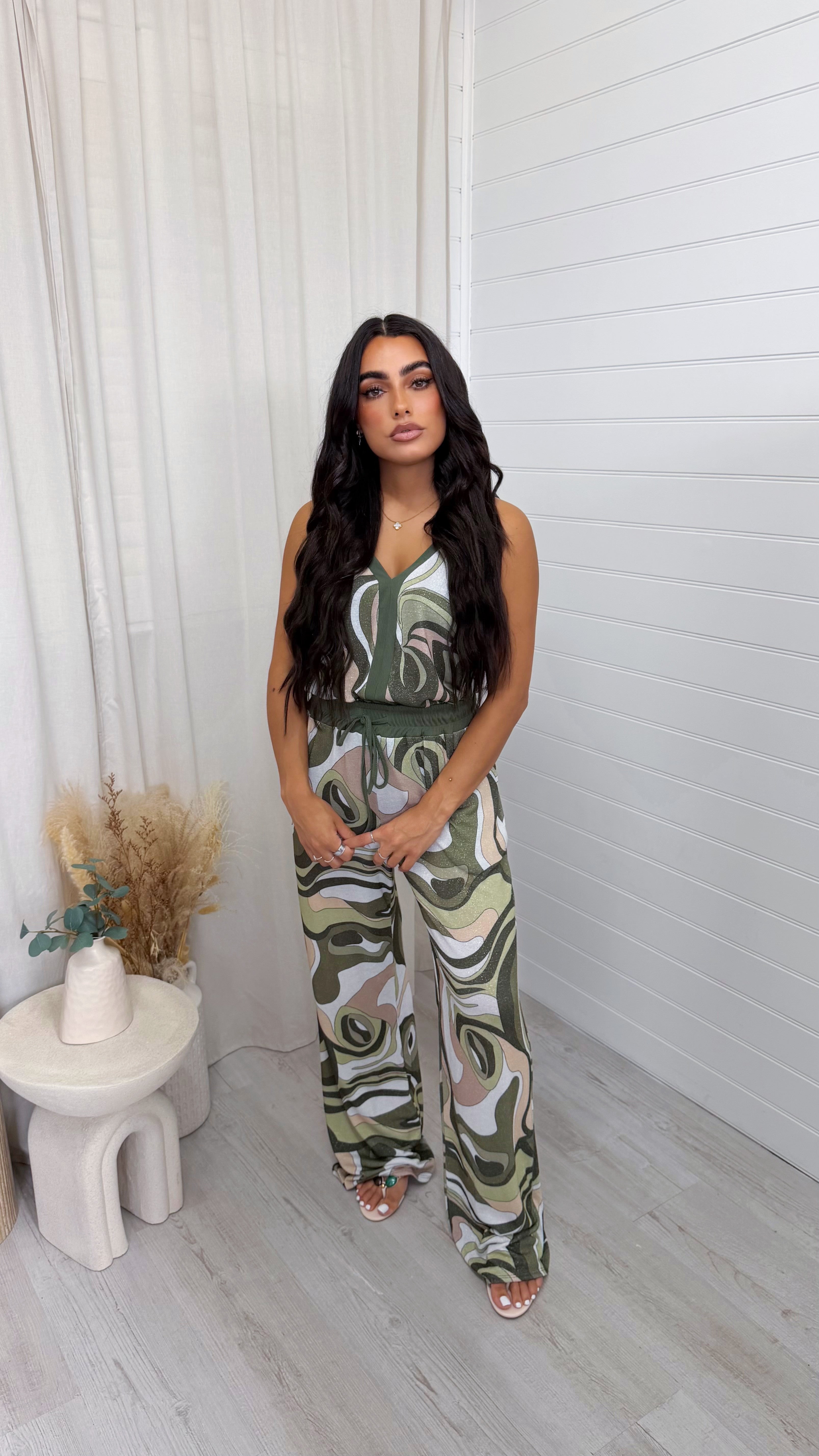 Shimmery Swirl Vest Top and Trousers Co-Ord - KHAKI