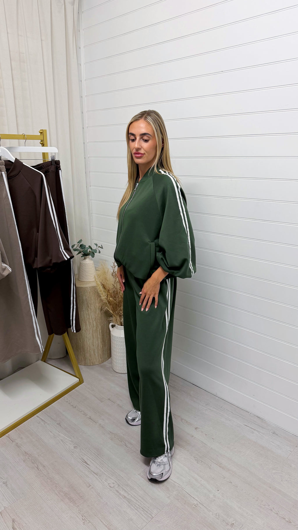 Classic Stripe Jacket and Wide Leg Joggers Tracksuit - KHAKI