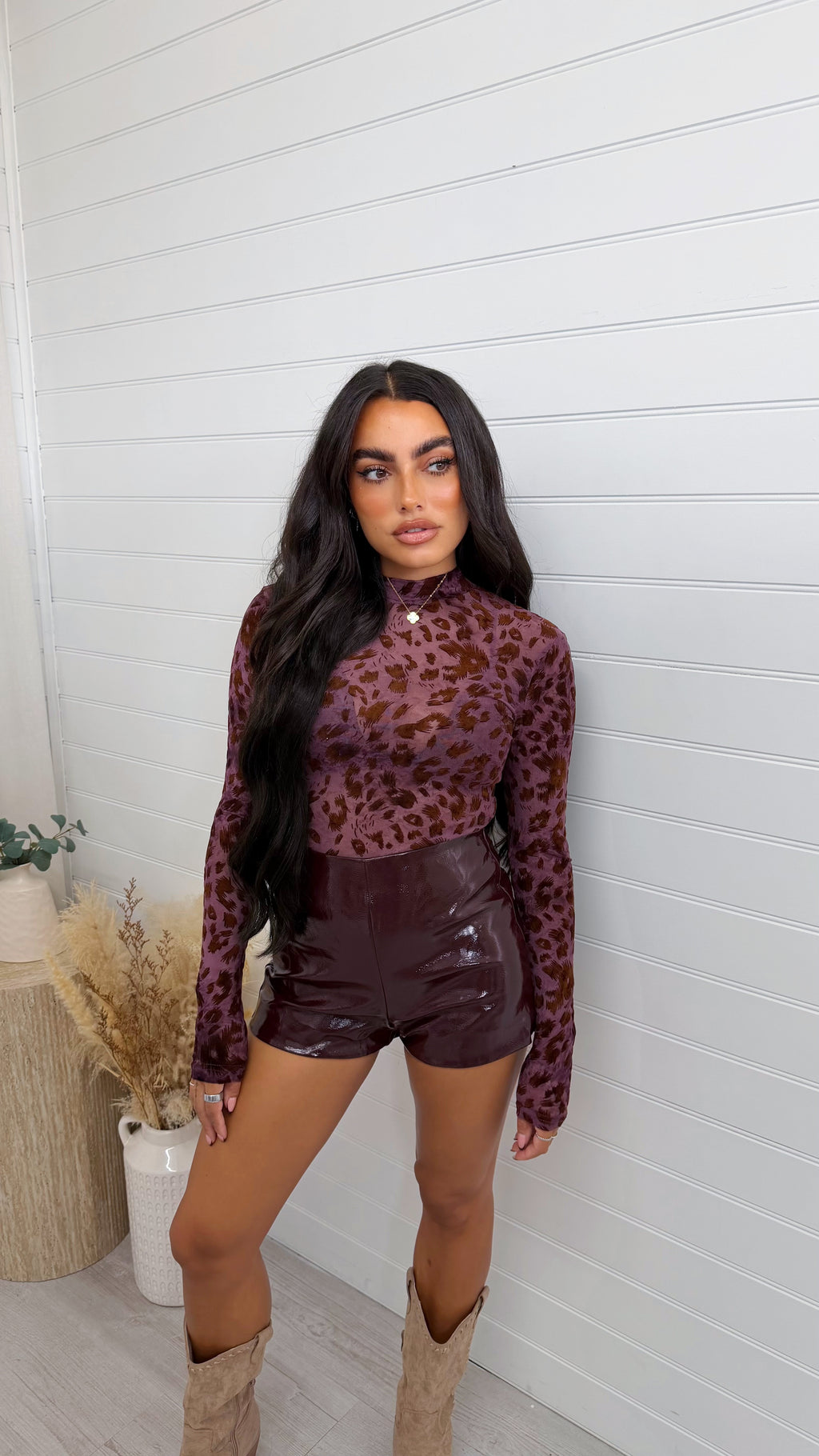 Vinyl High Waisted Mini Shorts - BURGUNDY