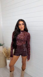 Vinyl High Waisted Mini Shorts - BURGUNDY