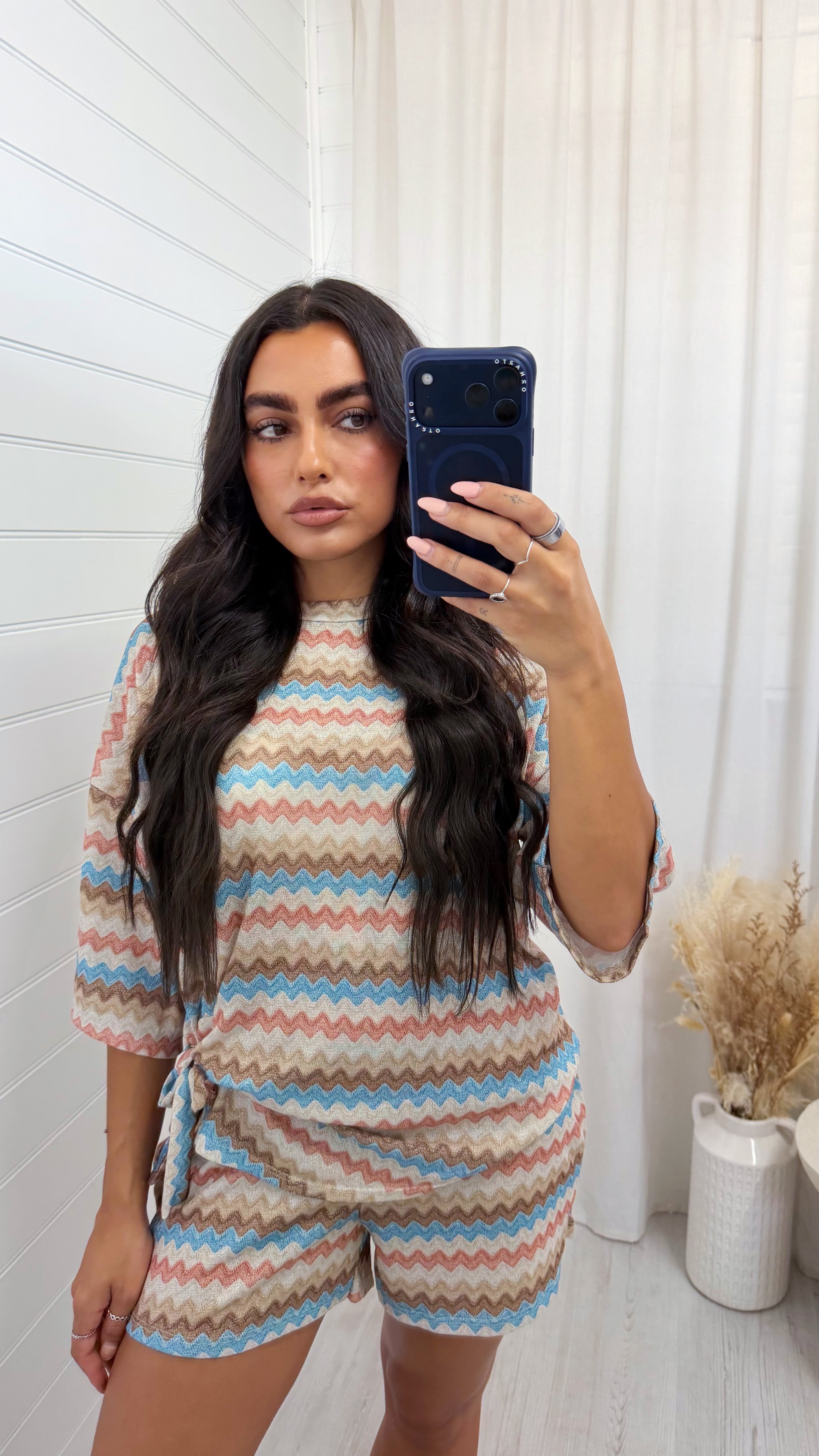 Zig Zag Tie Front T-Shirt and Shorts Co-Ord - SKY BLUE/BEIGE