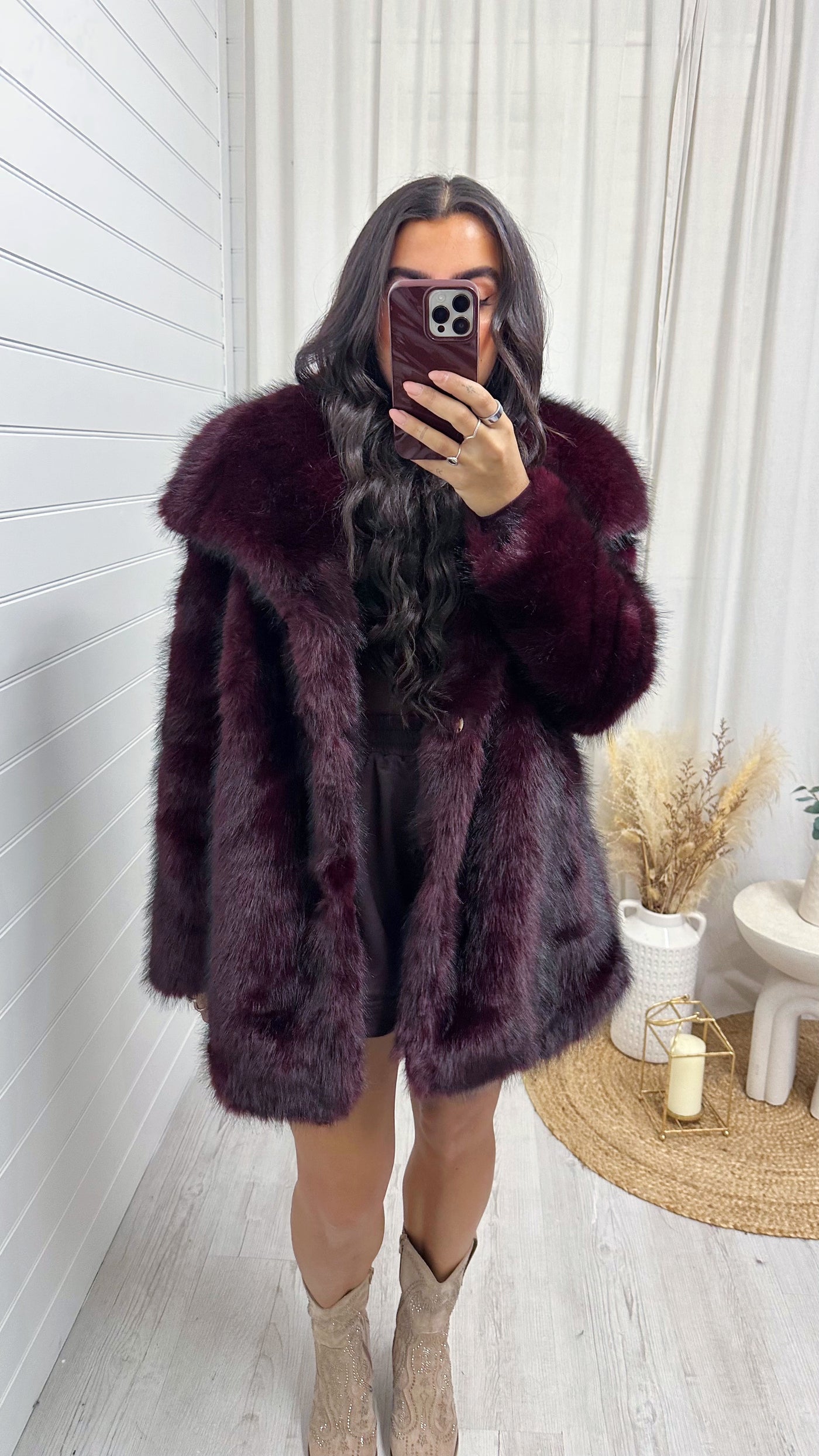 Long Faux Fur Lapel Coat - WINE