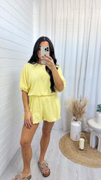 Laser Cut Mesh Balloon Top and Shorts Co-Ord - LEMON