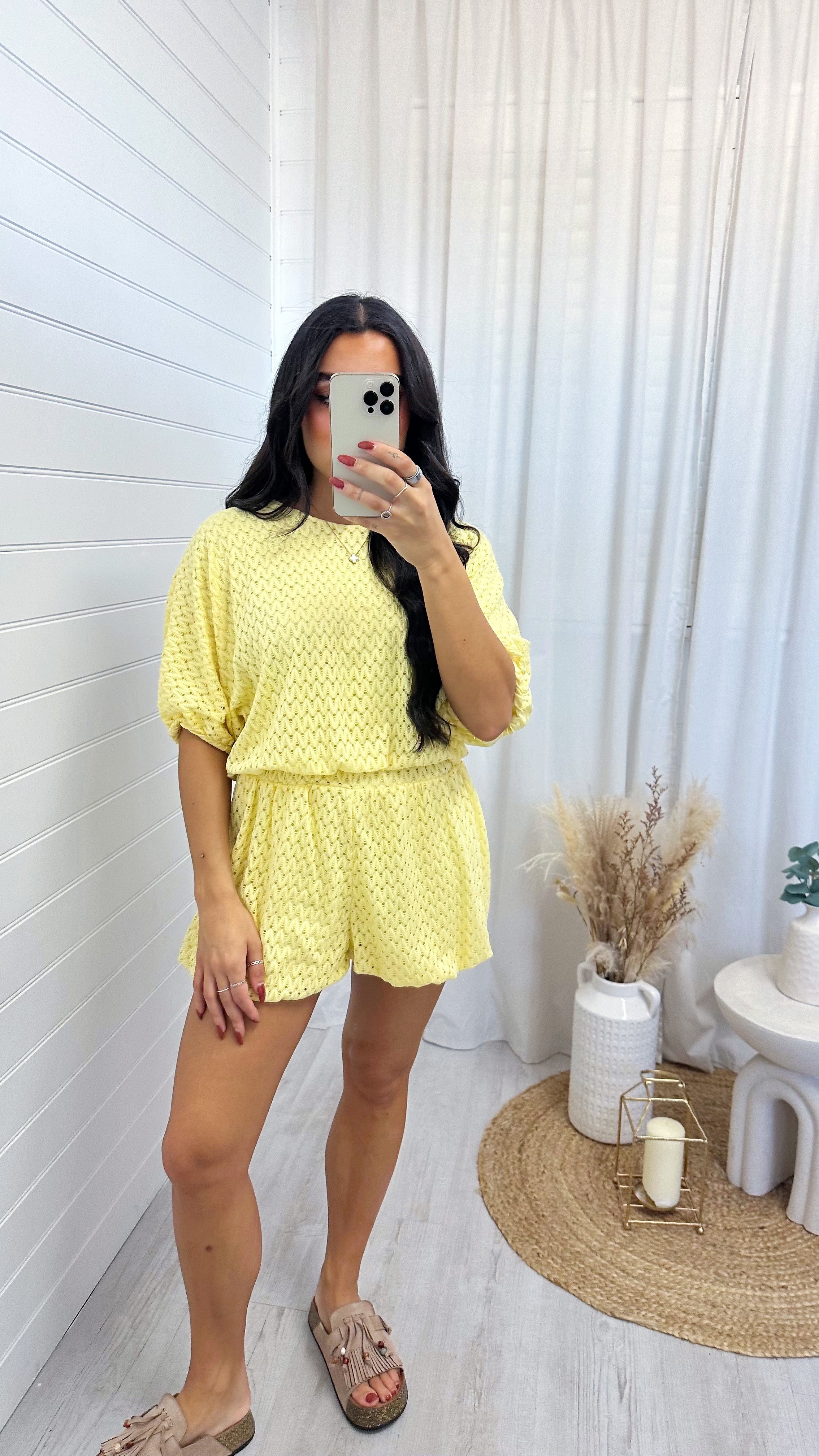 Laser Cut Mesh Balloon Top and Shorts Co-Ord - LEMON