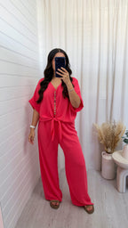 Tie Knot Button Top and Trousers Co-Ord - CORAL