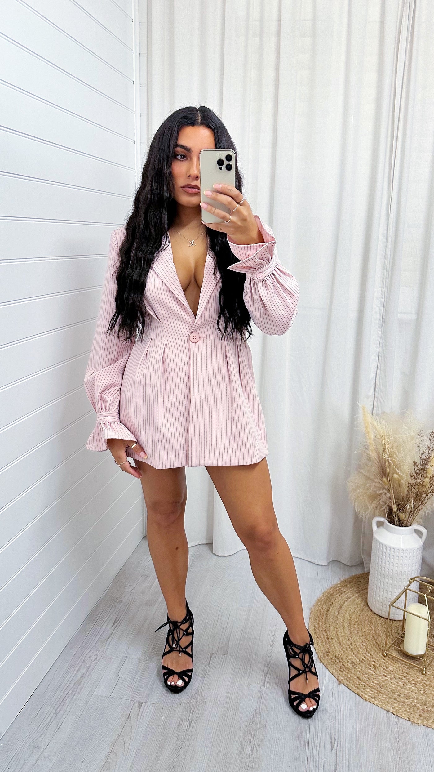 Pinstripe Cinched Waist Blazer - PINK