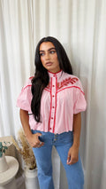 Paisley Embroidered Puff Sleeve Crop Blouse - PINK