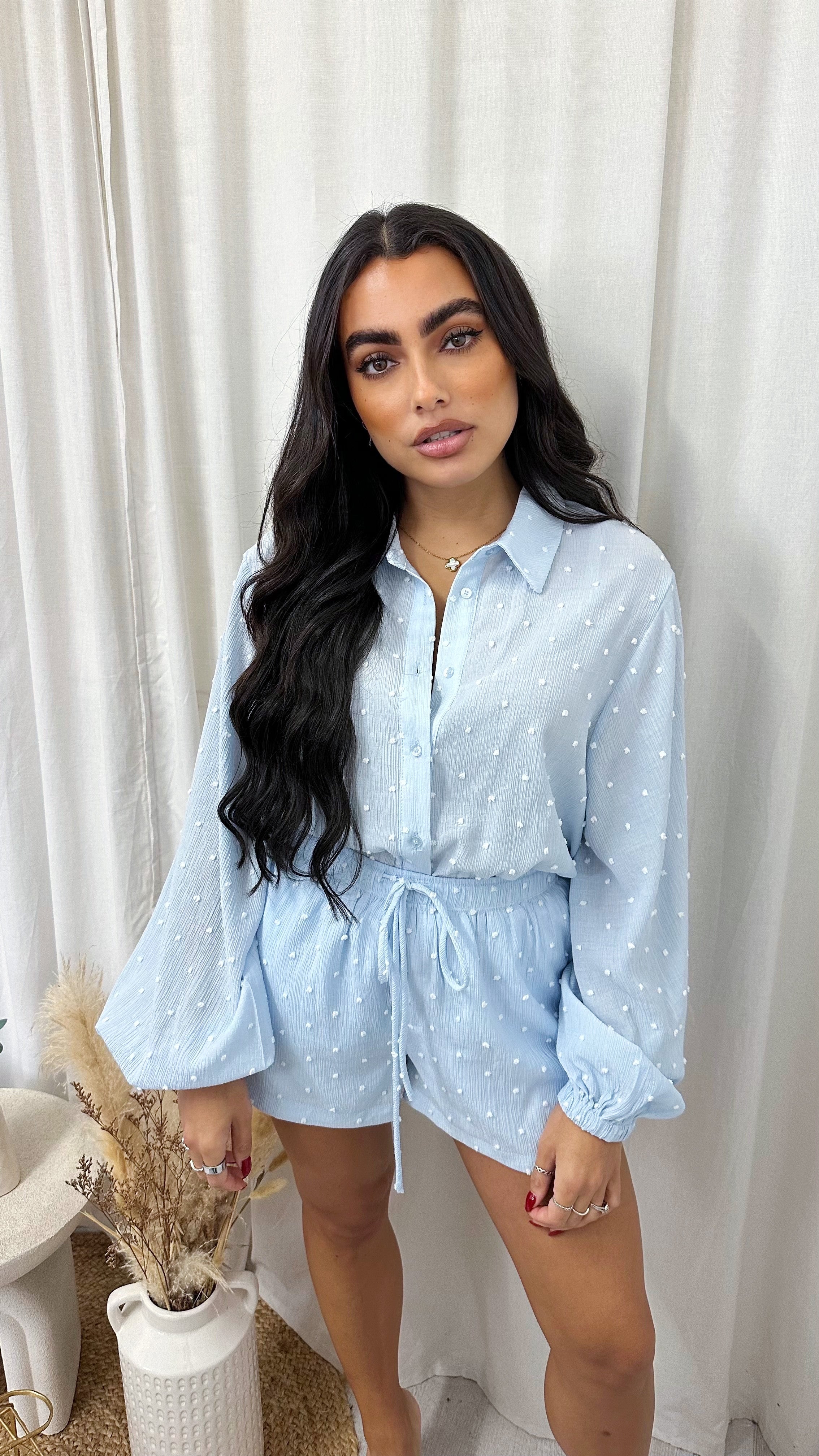 Tufted Polka Dot Shirt and Shorts Co-Ord - BABY BLUE