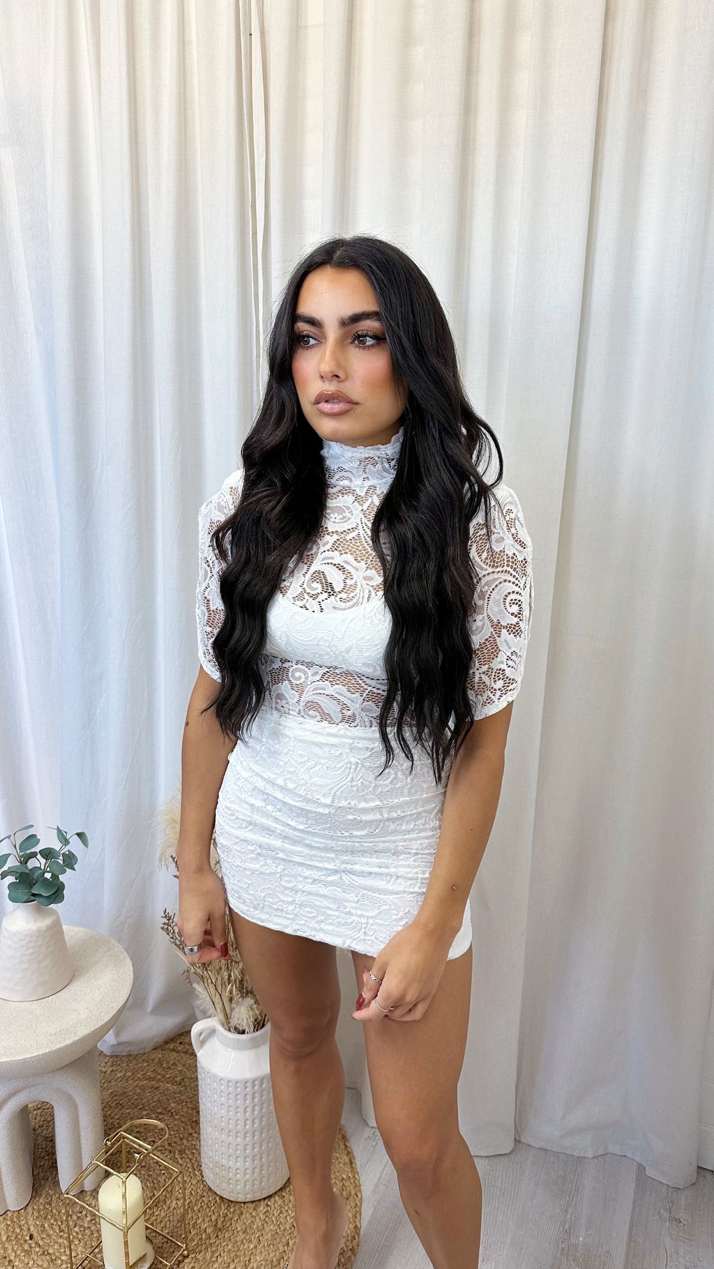Lace Ruched Shoulder Padded Mini Dress - WHITE