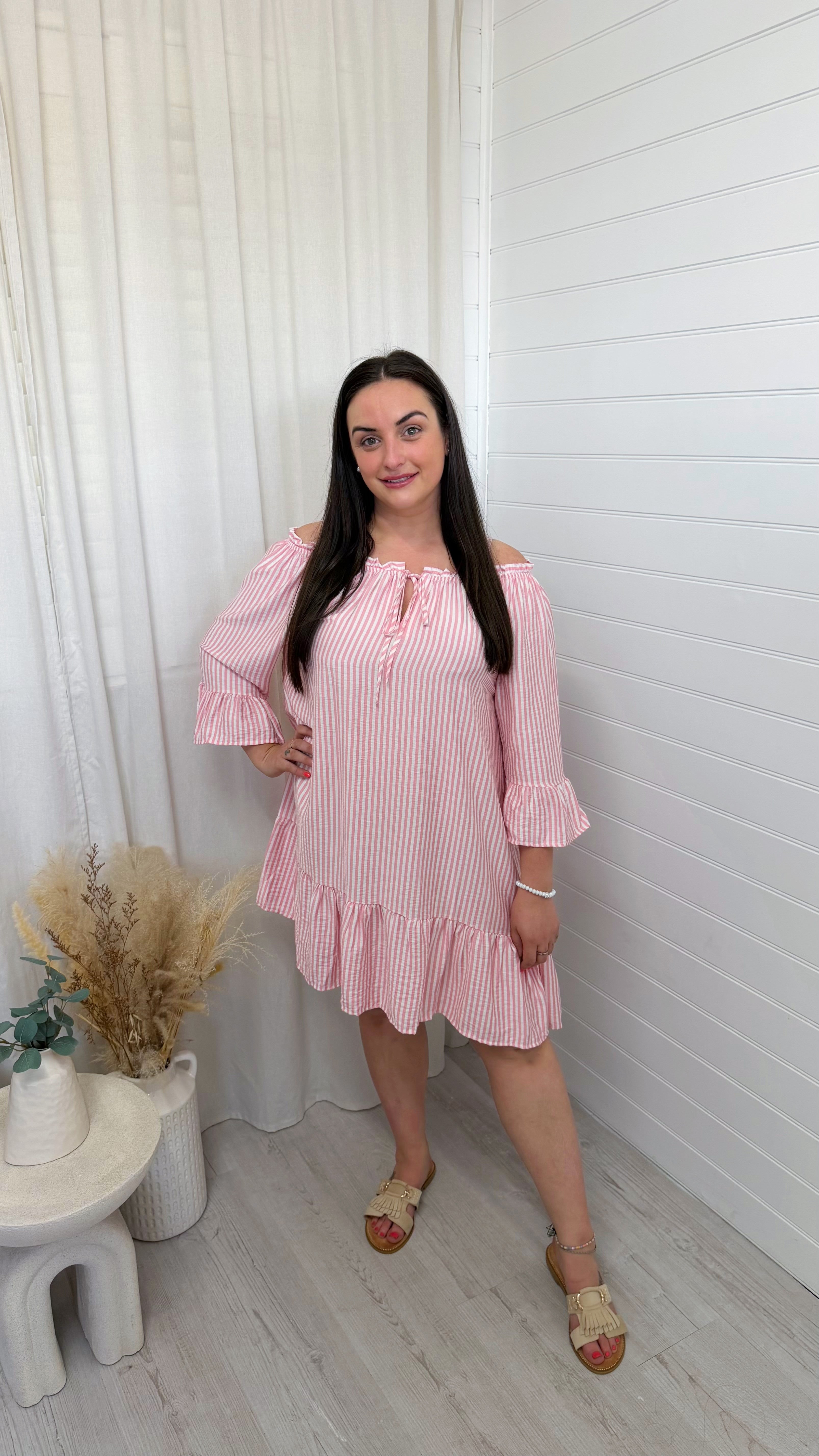 Bardot Pinstripe Summer Dress - BABY PINK