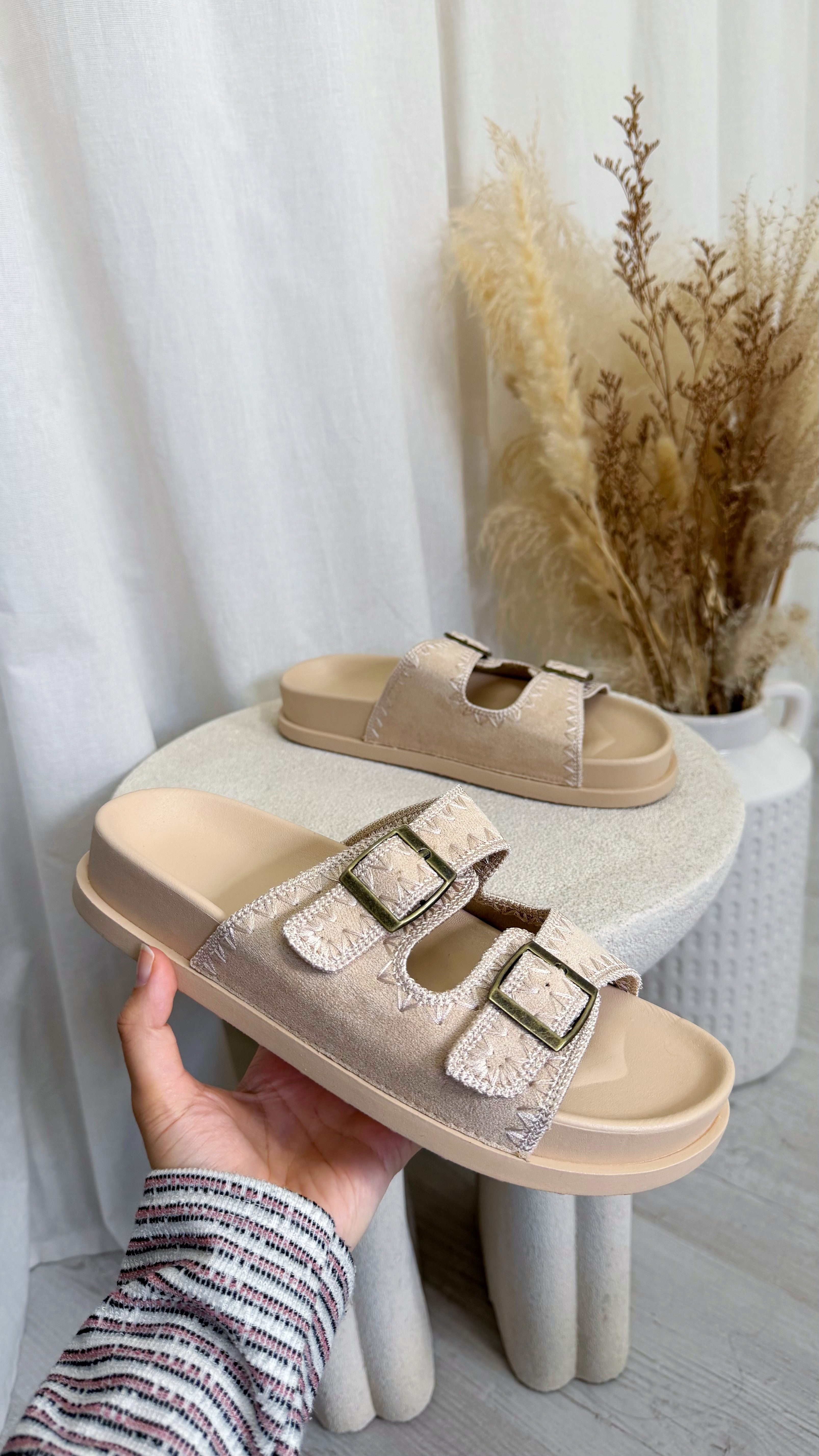 Stitch Trim Suede Sliders - BEIGE