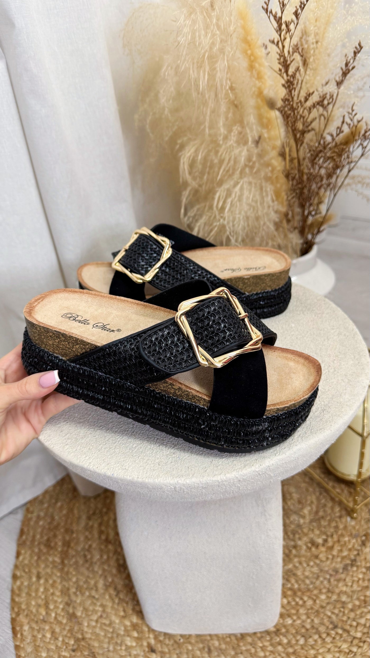 Chunky Platform Gold Buckle Woven Sandals - BLACK