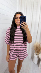 Stripey Cotton Crop Top and Shorts Co-Ord - PINK
