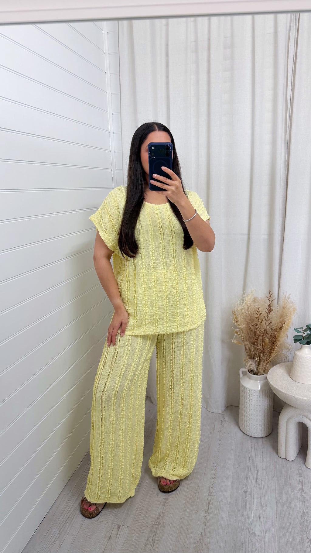 Frill Tiered T-Shirt and Wide Leg Trousers Co-Ord - LEMON