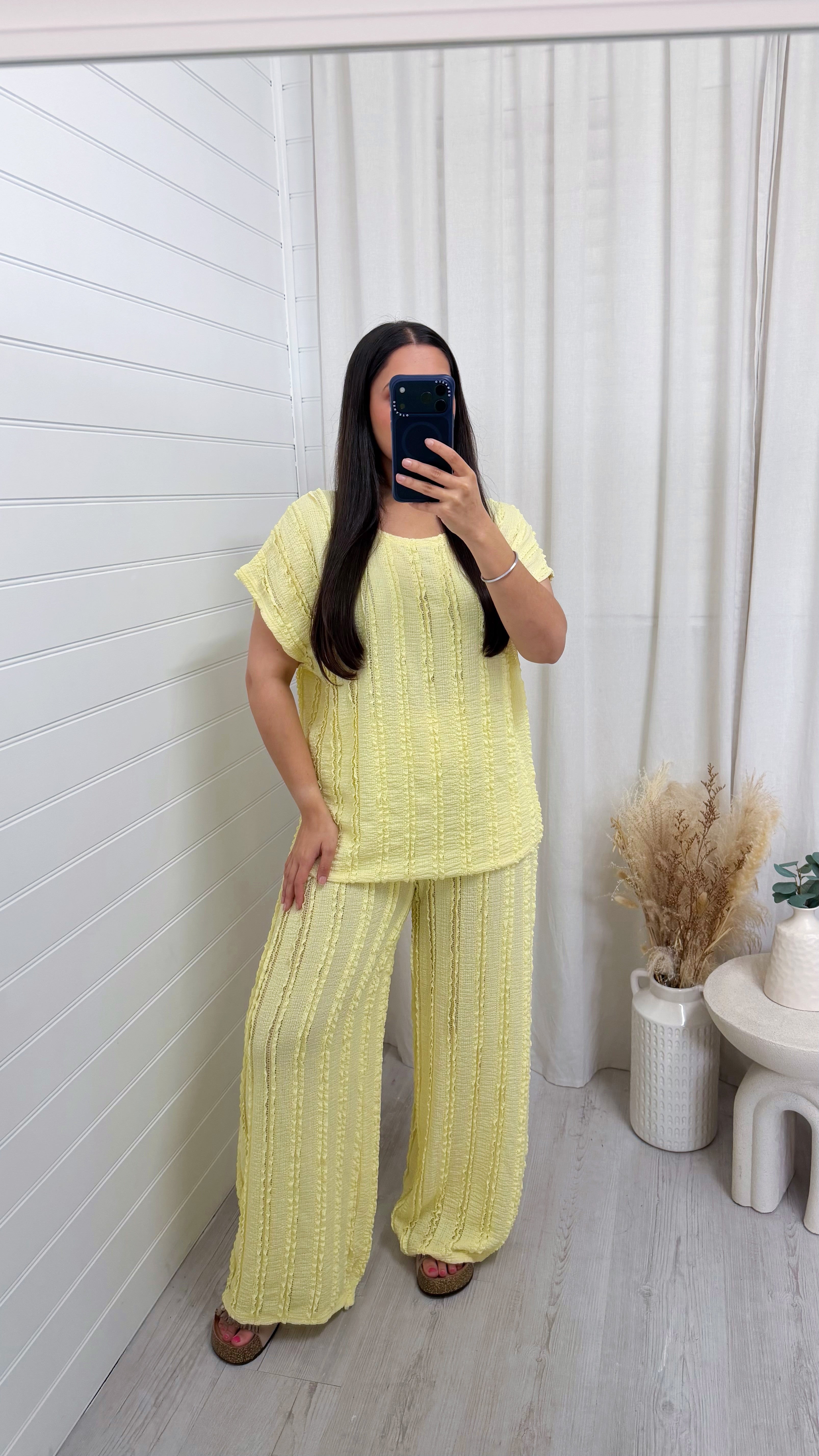 Frill Tiered T-Shirt and Wide Leg Trousers Co-Ord - LEMON