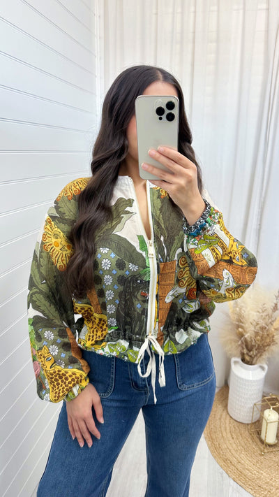 Floral Print Chiffon Bomber Jacket - KHAKI